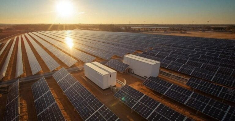 Aerial view of a massive solar farm construction site near an old coal power plant infrastructure.