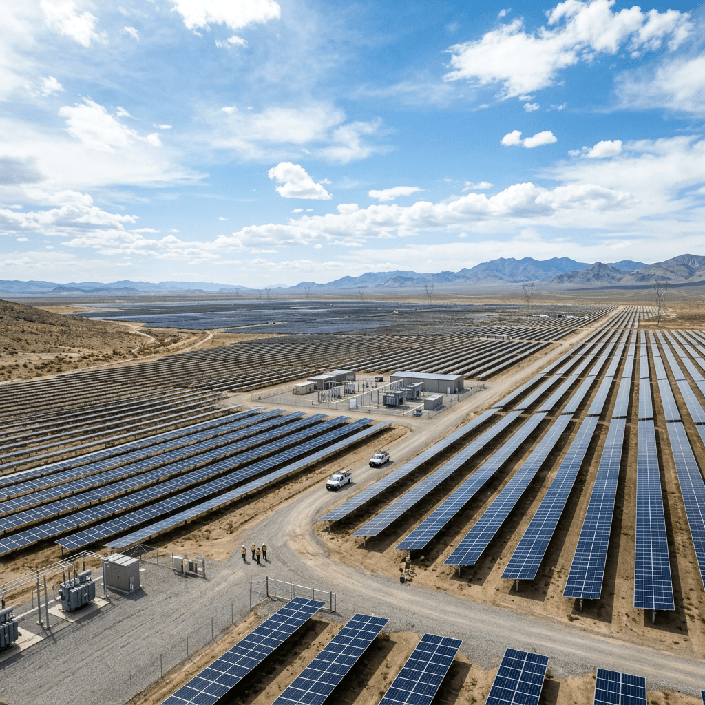 Large-scale solar farm with maintenance workers and vehicles under a bright sky
