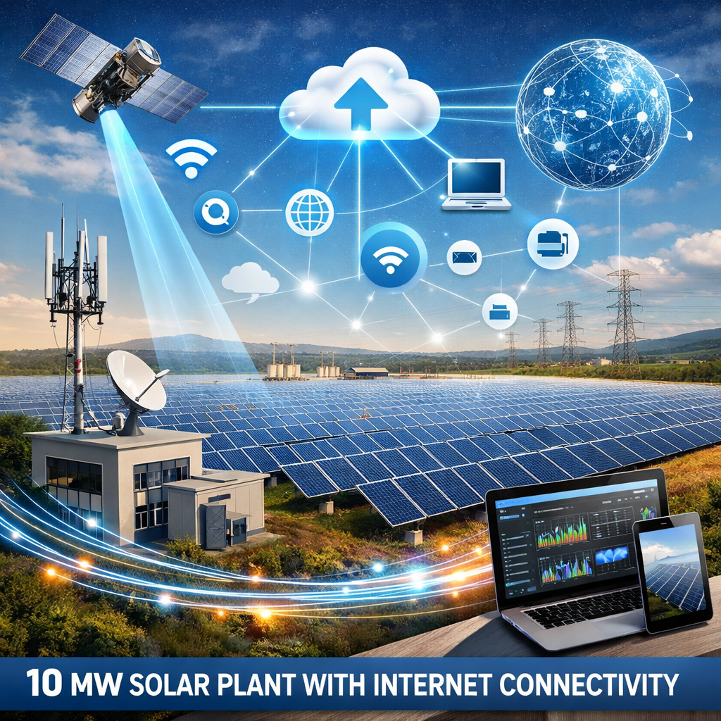 Solar plant with satellite, cloud computing icons, and devices showing monitoring data