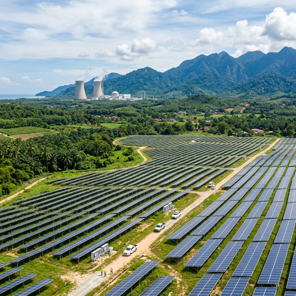Large solar farm with cooling towers in the distance under a cloudy sky