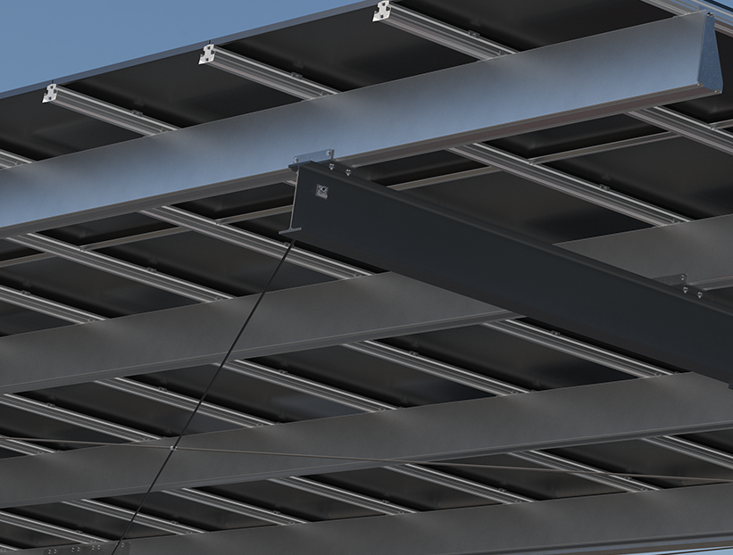 K2 Systems modular aluminum PV carport structure with large-format solar modules installed in portrait orientation.
