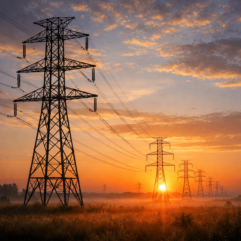 High-voltage electrical transmission towers silhouetted against a golden sunset sky