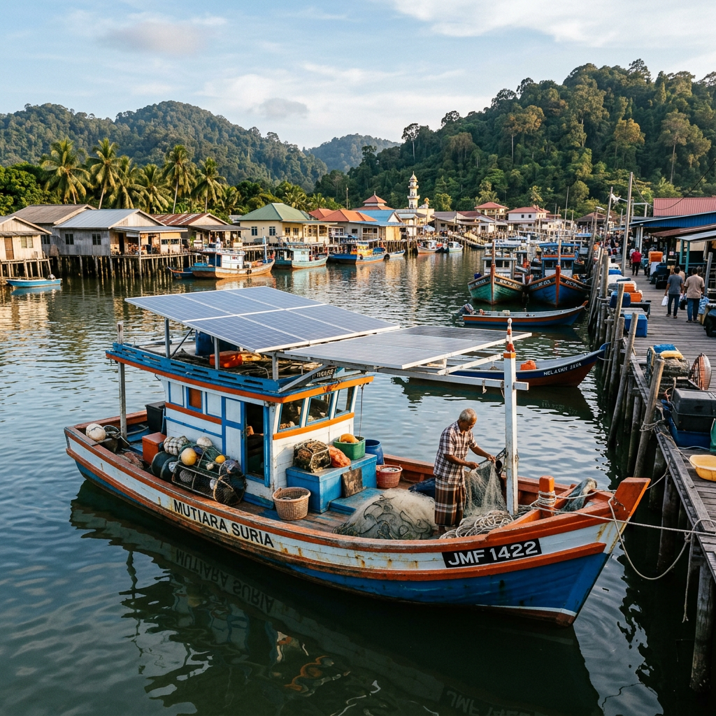 A wooden fishing boat with solar panels installed on its roof