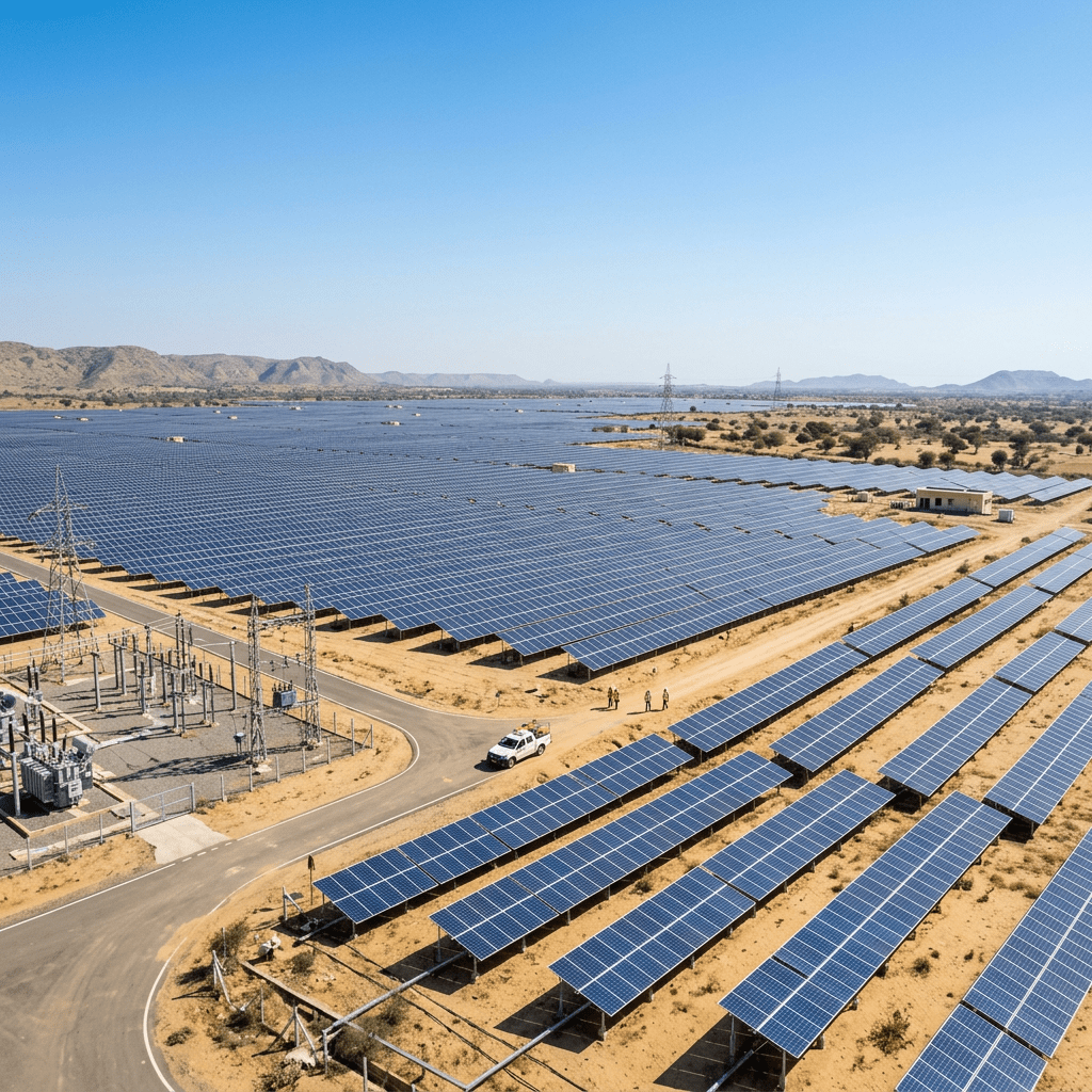 Vast rows of utility-scale solar panels in a desert landscape with electrical infrastructure.