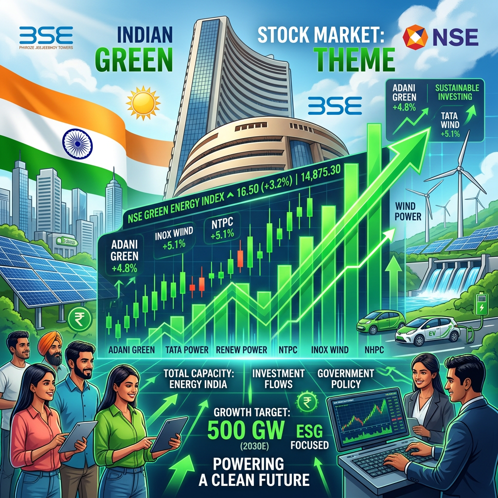 Digital illustration of Indian green energy stock market growth with solar panels and wind turbines