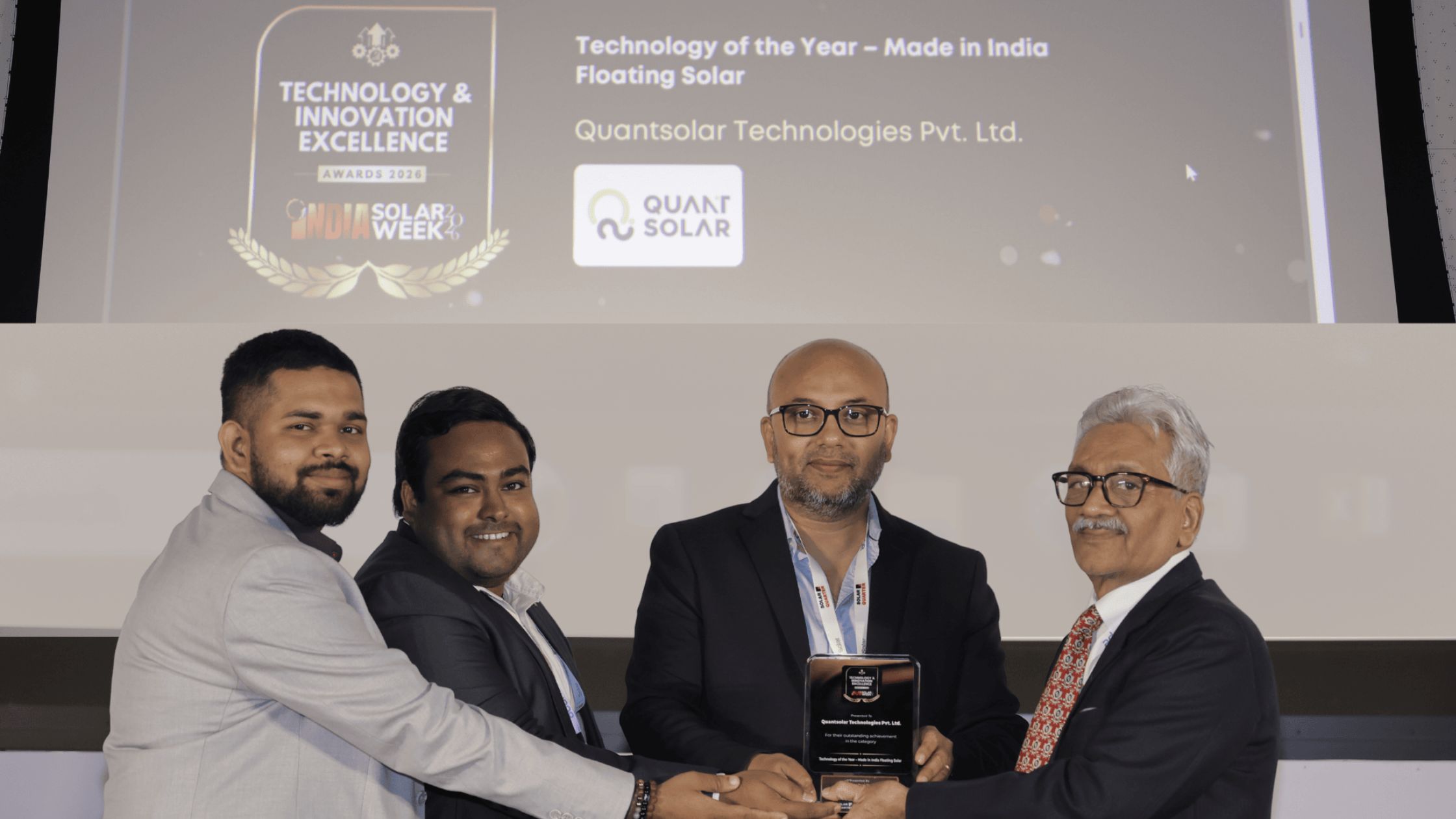 Abstract representation of floating solar panels on a calm reservoir surface