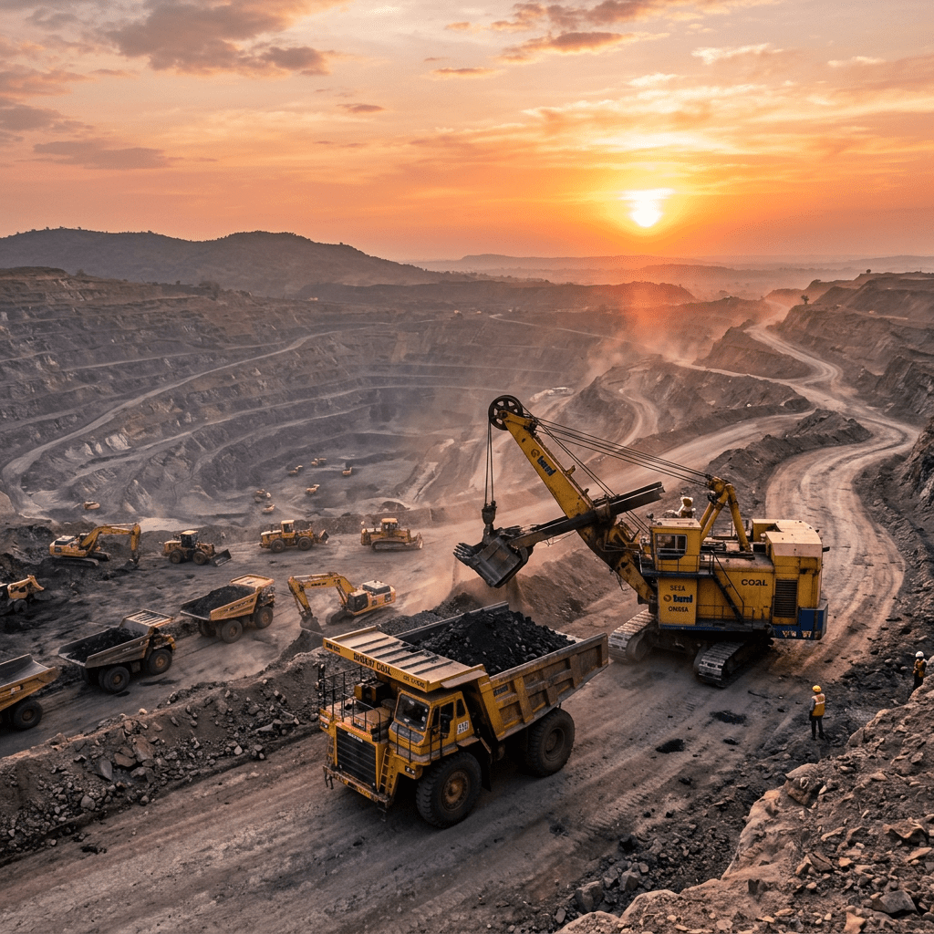 Large yellow excavators digging coal in a massive open-pit mine at sunset
