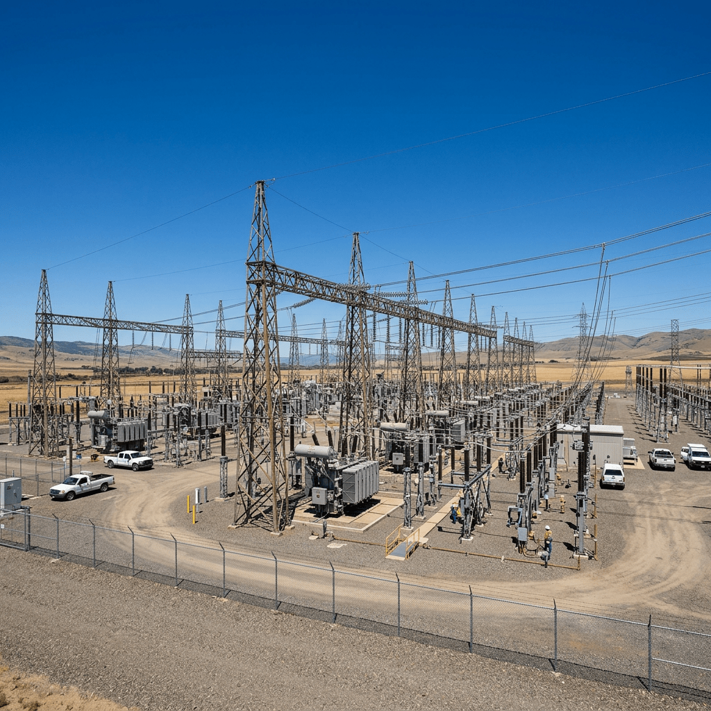 High-voltage electrical transmission substation infrastructure with transformers and power lines
