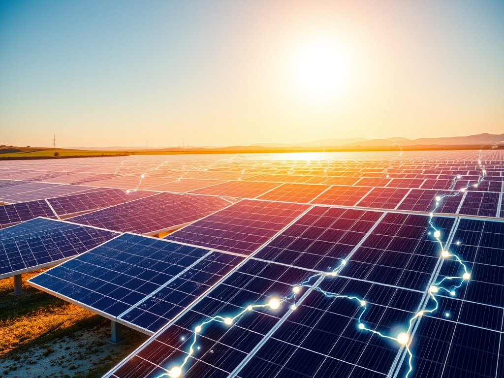Large-scale solar panels installed over agricultural land in a rural field setting