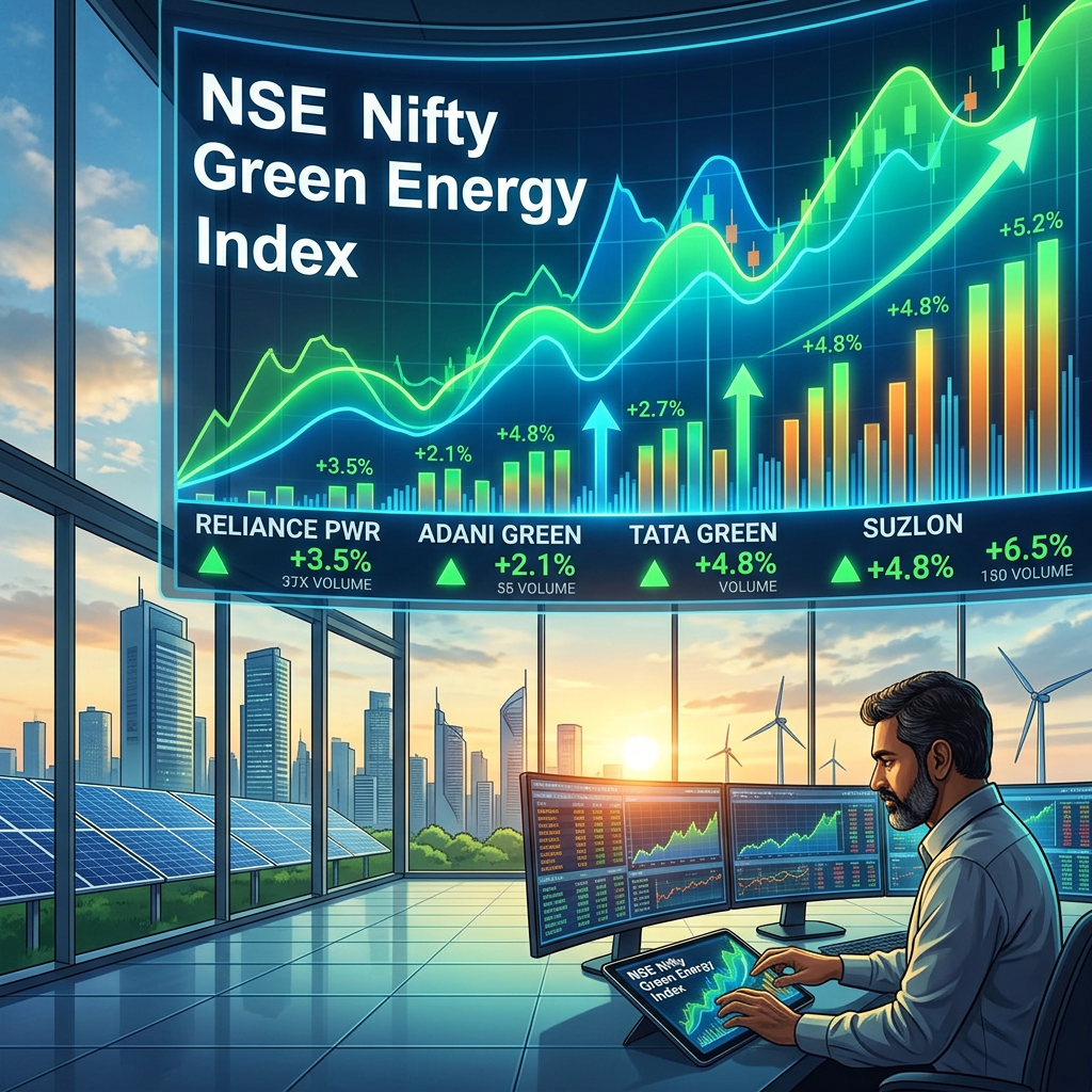A financial trader analyzing the Nifty Green Energy Index on multiple high-tech monitors