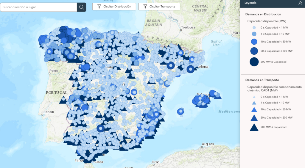 A digital map of the Spanish power grid with highlighted high-capacity connection nodes.