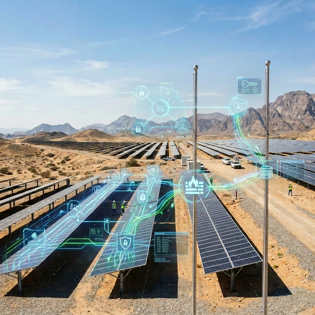 Large scale solar farm in desert with digital network icons and padlocks representing cybersecurity integration.