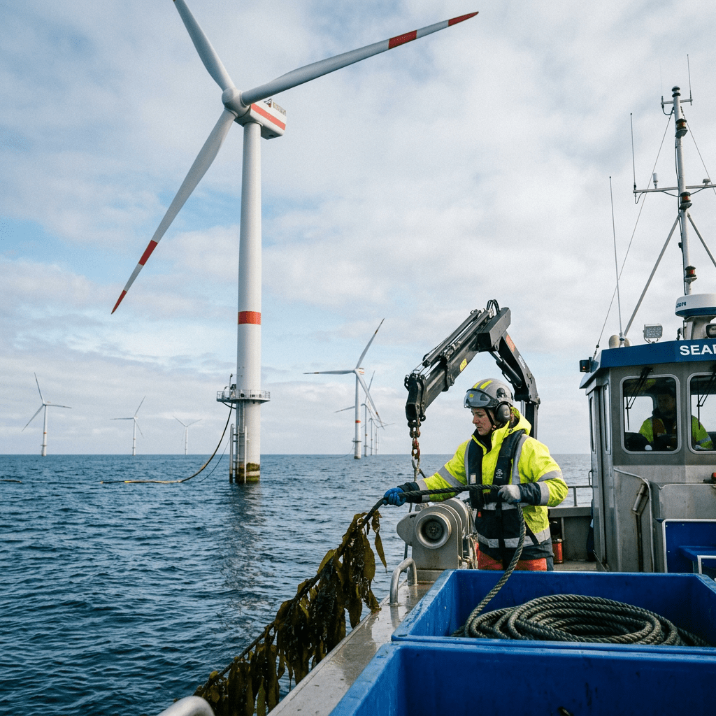 Worker on a maintenance vessel harvesting seaweed near a large-scale offshore wind farm in the North Sea.