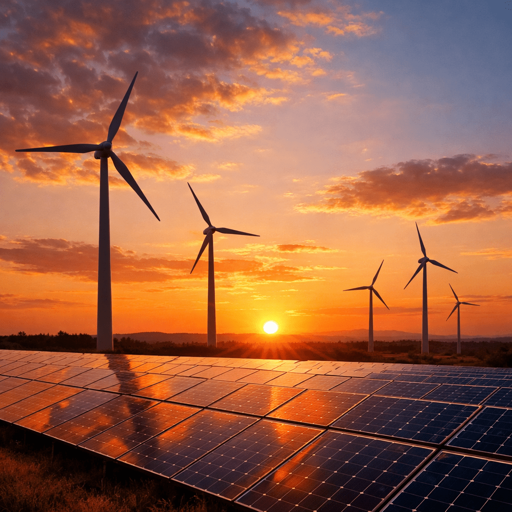 Rows of solar panels and wind turbines under a colorful sunset sky