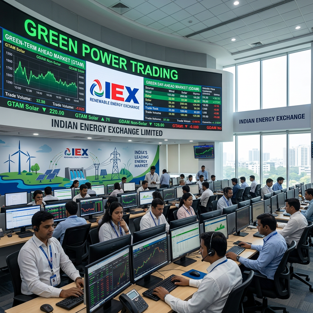 Busy trading floor at the Indian Energy Exchange with large digital screens showing green power data.