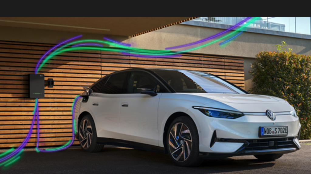 A Volkswagen ID. electric vehicle connected to a DC bidirectional home charging station.