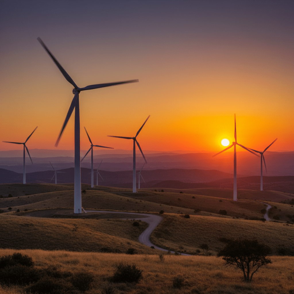 Large-scale wind turbines and solar panels at a mining facility site at sunset