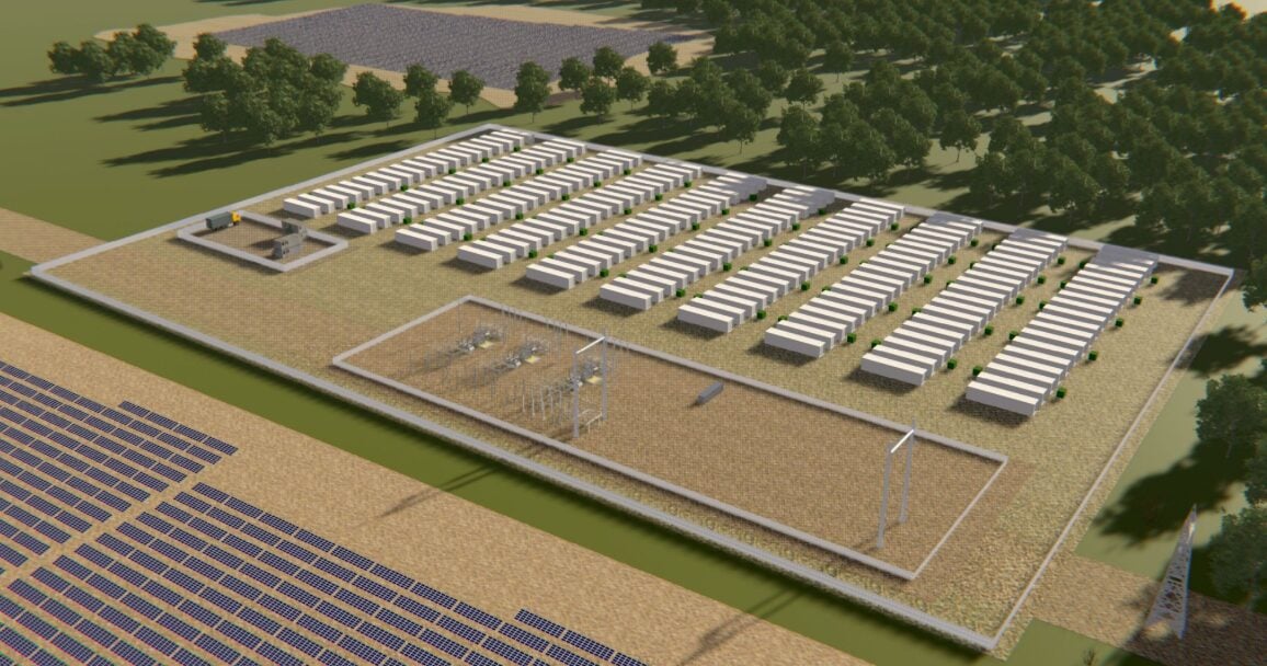 Large scale battery energy storage containers arranged in rows at a solar farm site