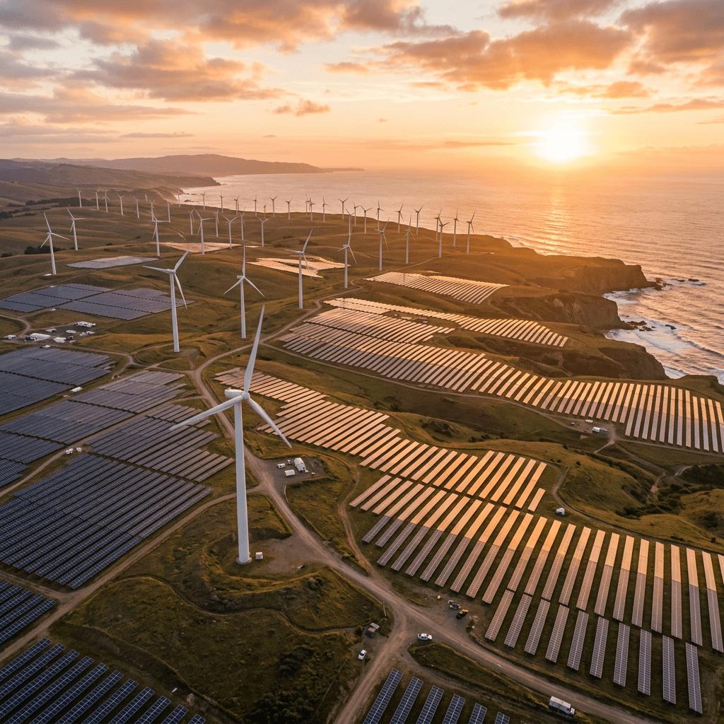 Wind turbines and solar panels on coastal land with ocean and sunset in background