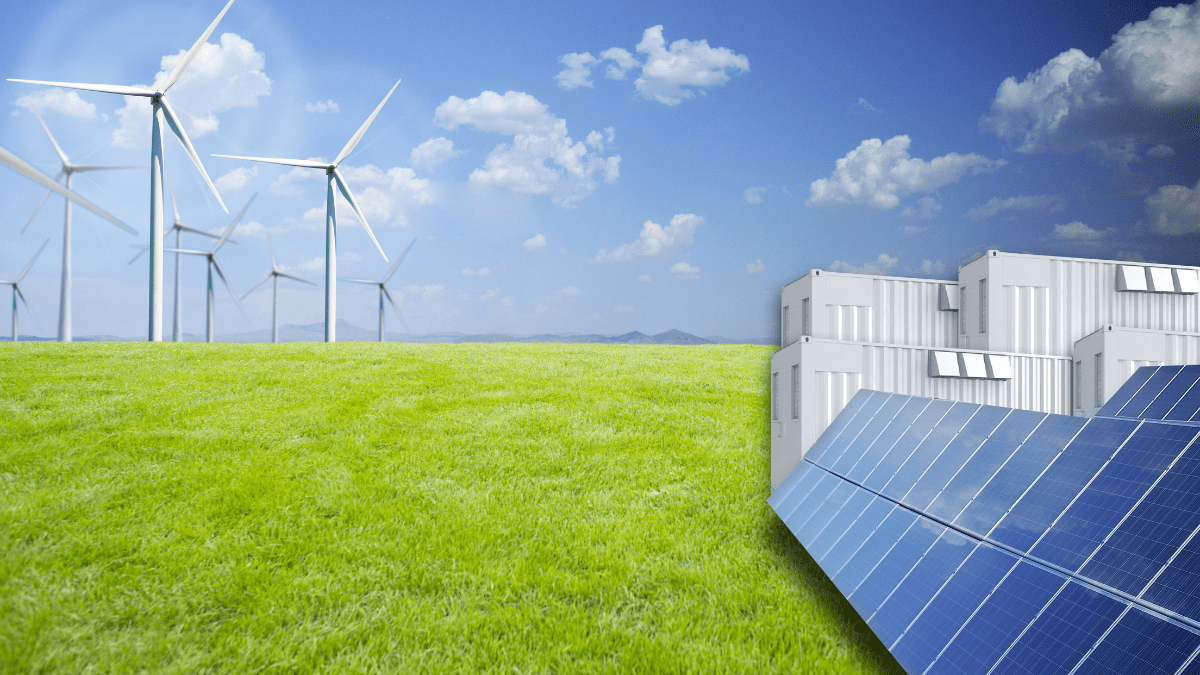 A conceptual graphic representing solar panels connected to battery storage units for home energy.