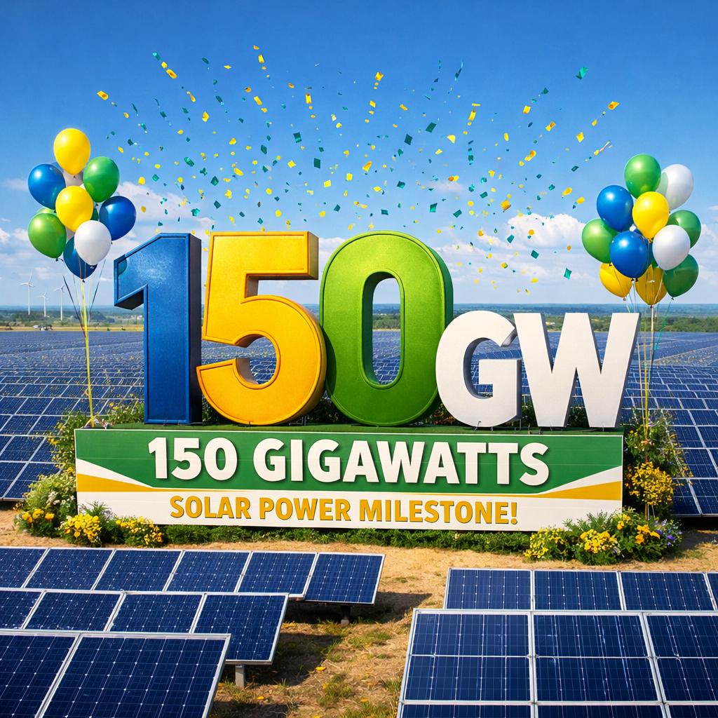 Large solar farm with a sign celebrating the 150 gigawatts capacity milestone.