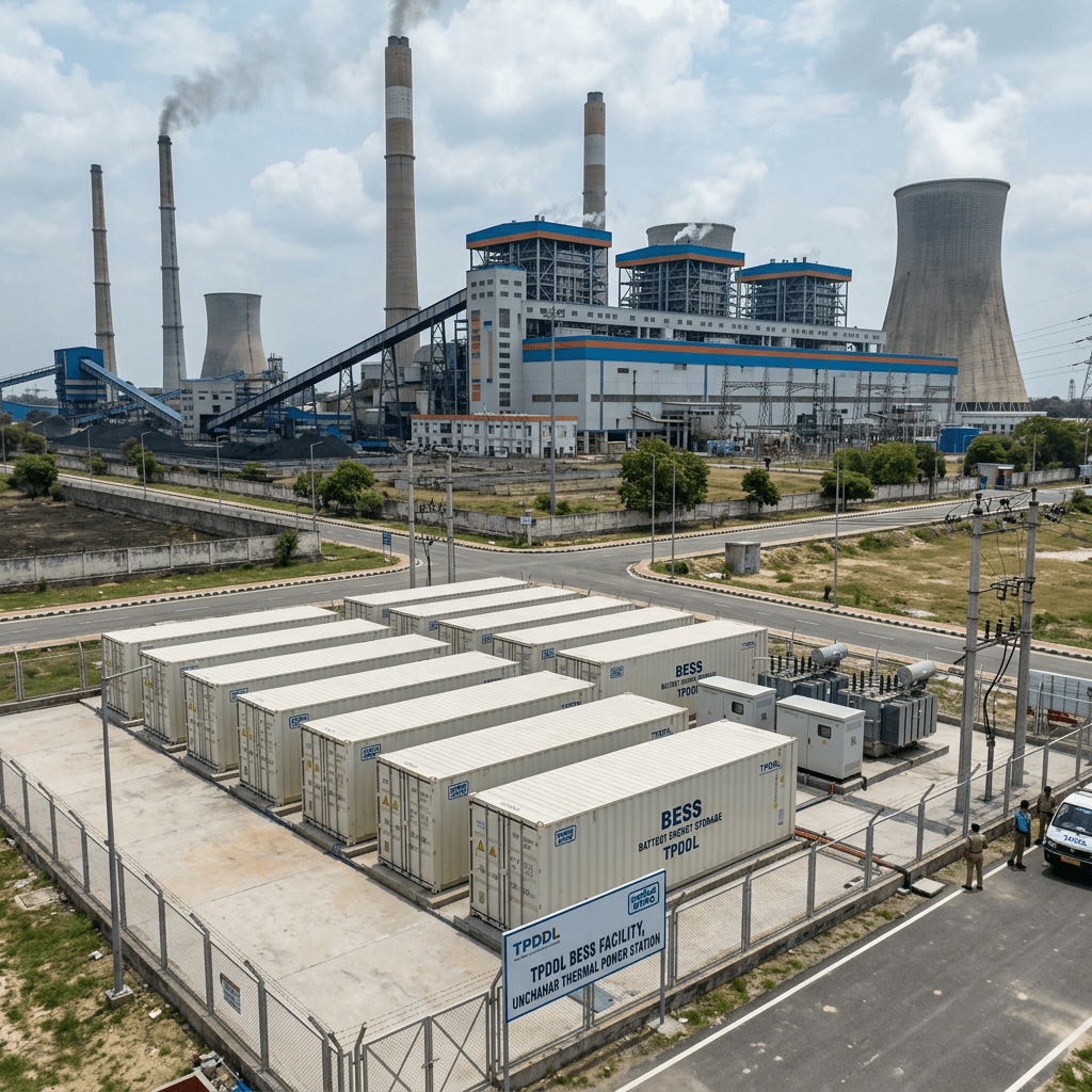 Large-scale battery containers situated within a traditional industrial thermal power plant facility