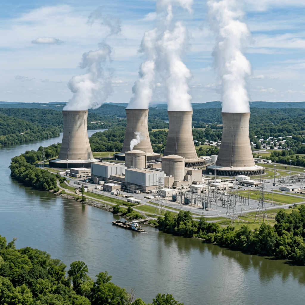 Aerial view of a nuclear power plant with cooling towers near a river