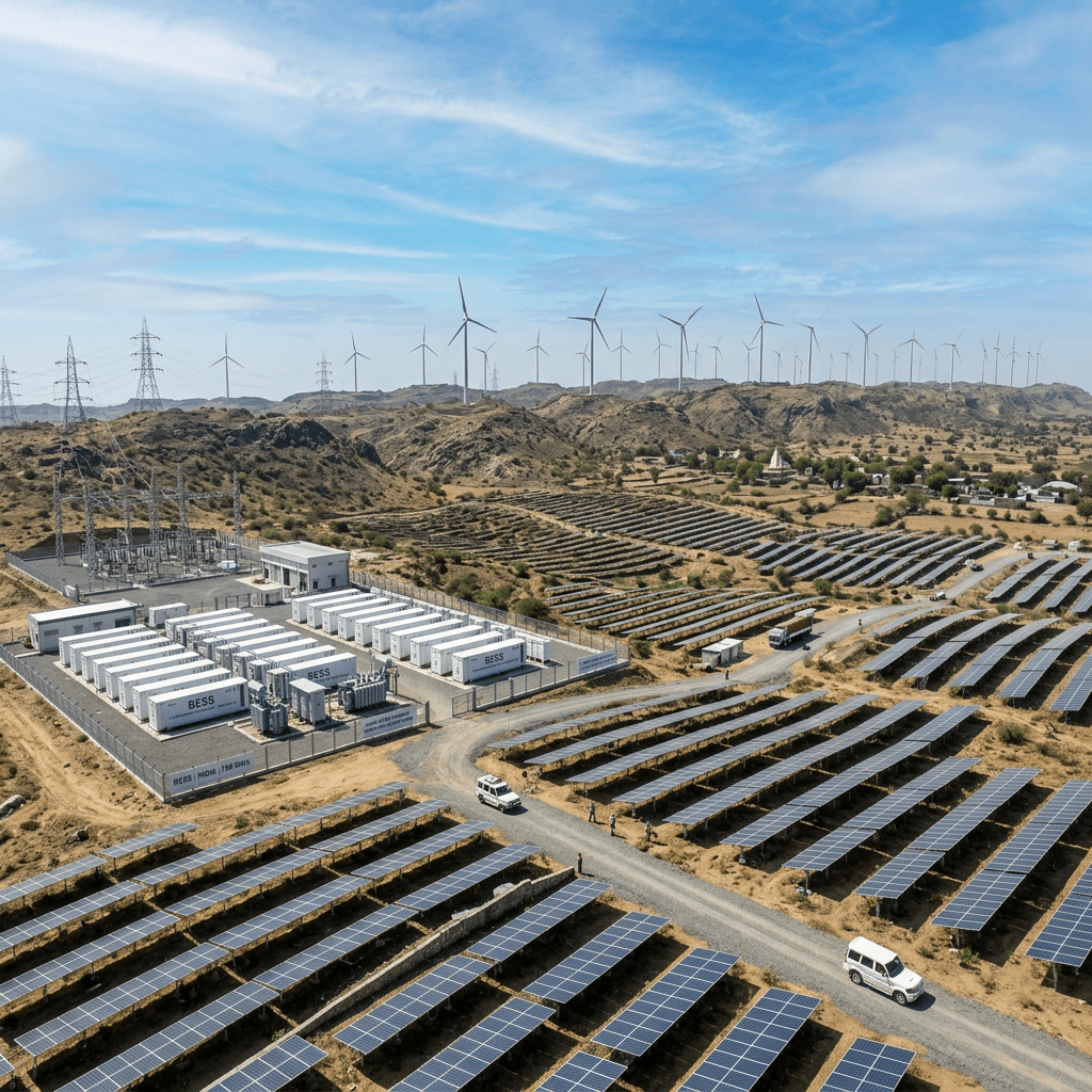 Renewable energy farm with solar panels, wind turbines, and large battery storage containers.