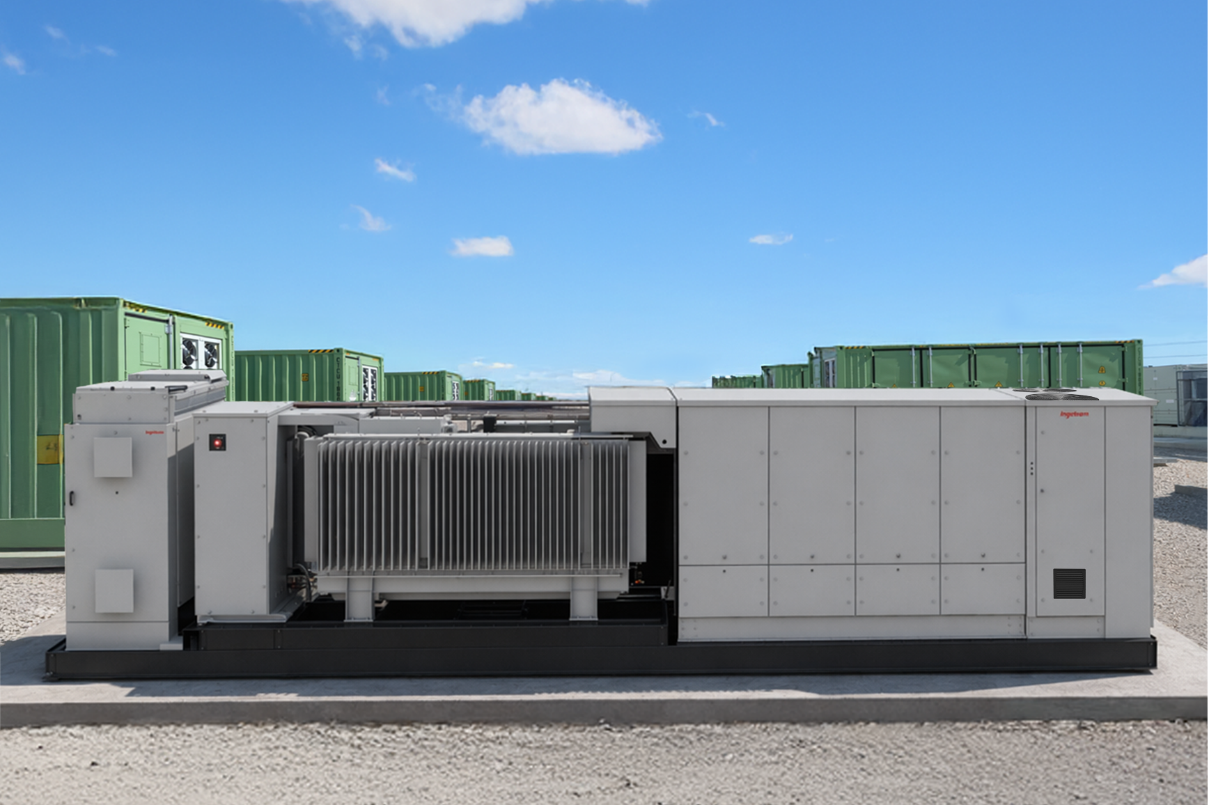 Large scale industrial battery storage inverter station in a solar farm