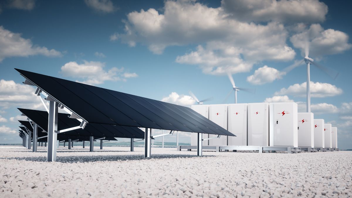 Aerial view of a massive utility-scale solar farm integrated with large-scale battery storage containers.