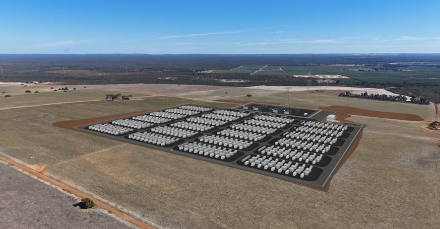 Aerial view of a massive utility-scale battery storage site with hundreds of white containers