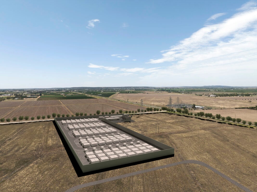 Aerial render of a massive utility-scale battery energy storage system with hundreds of white containers in a grid pattern.