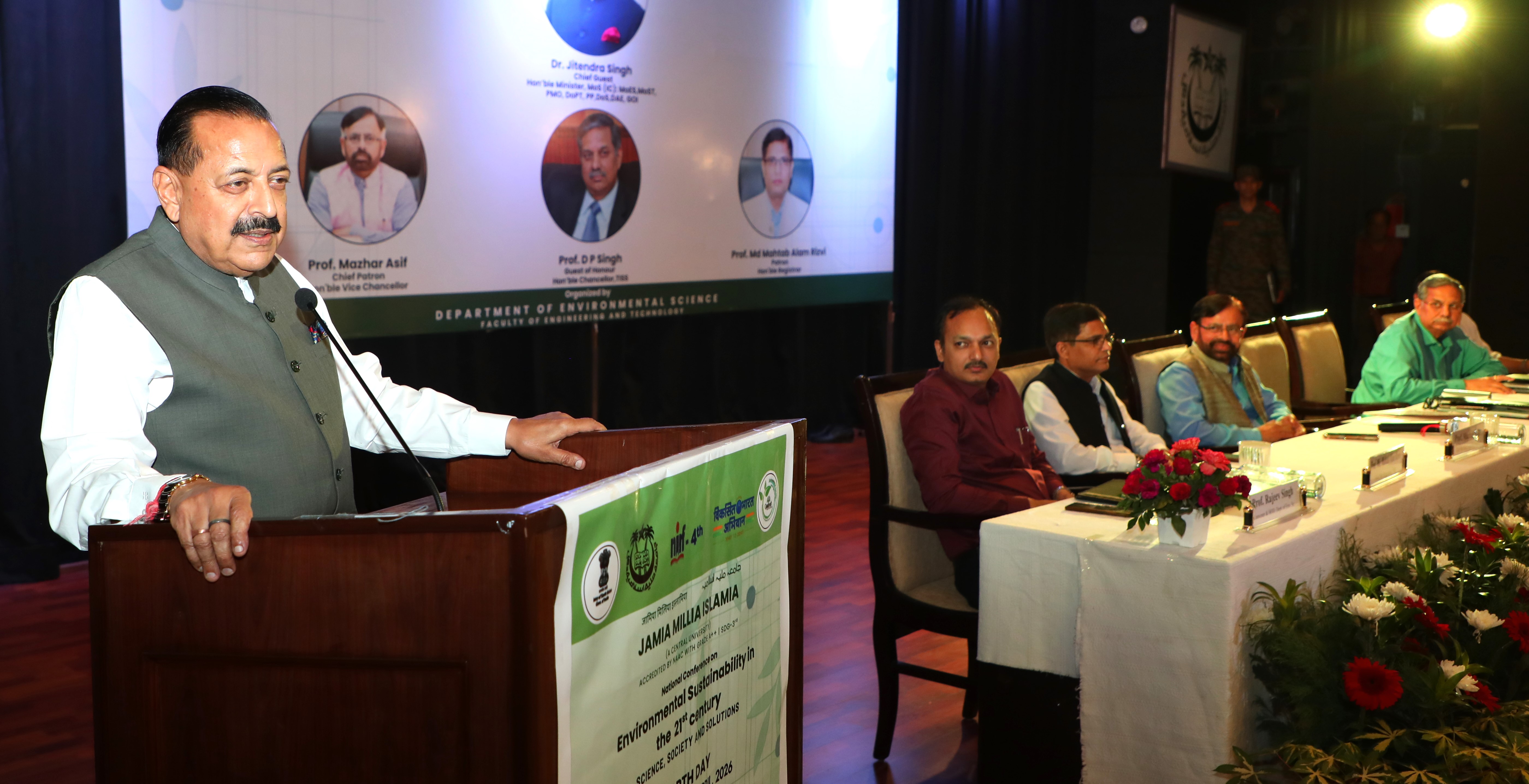 Indian Union Minister Jitendra Singh speaking at an Earth Day conference about renewable energy.