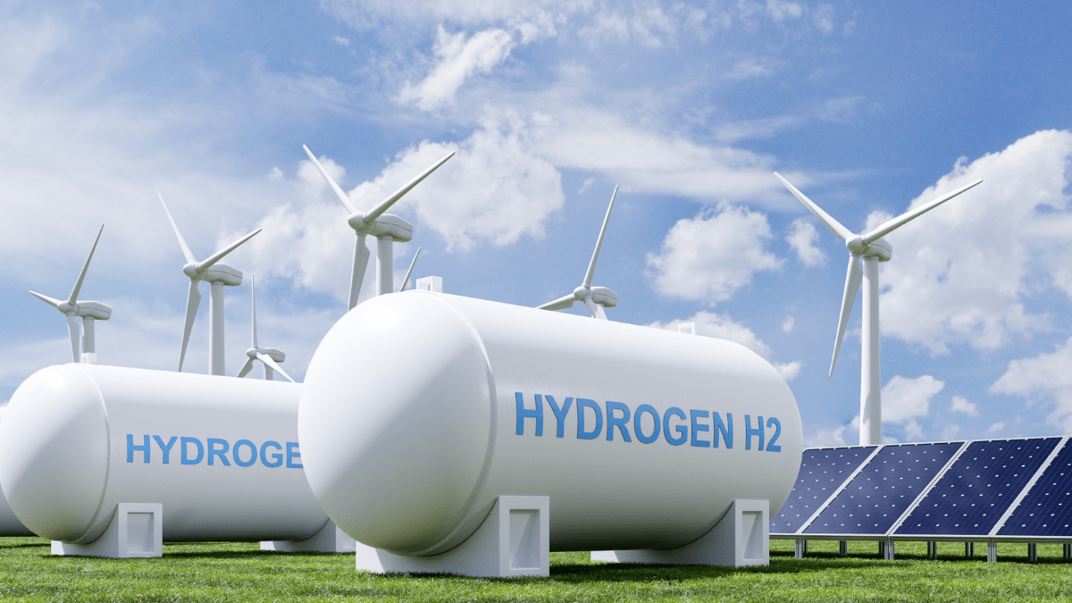 Large scale industrial power plant turbines with hydrogen infrastructure symbols