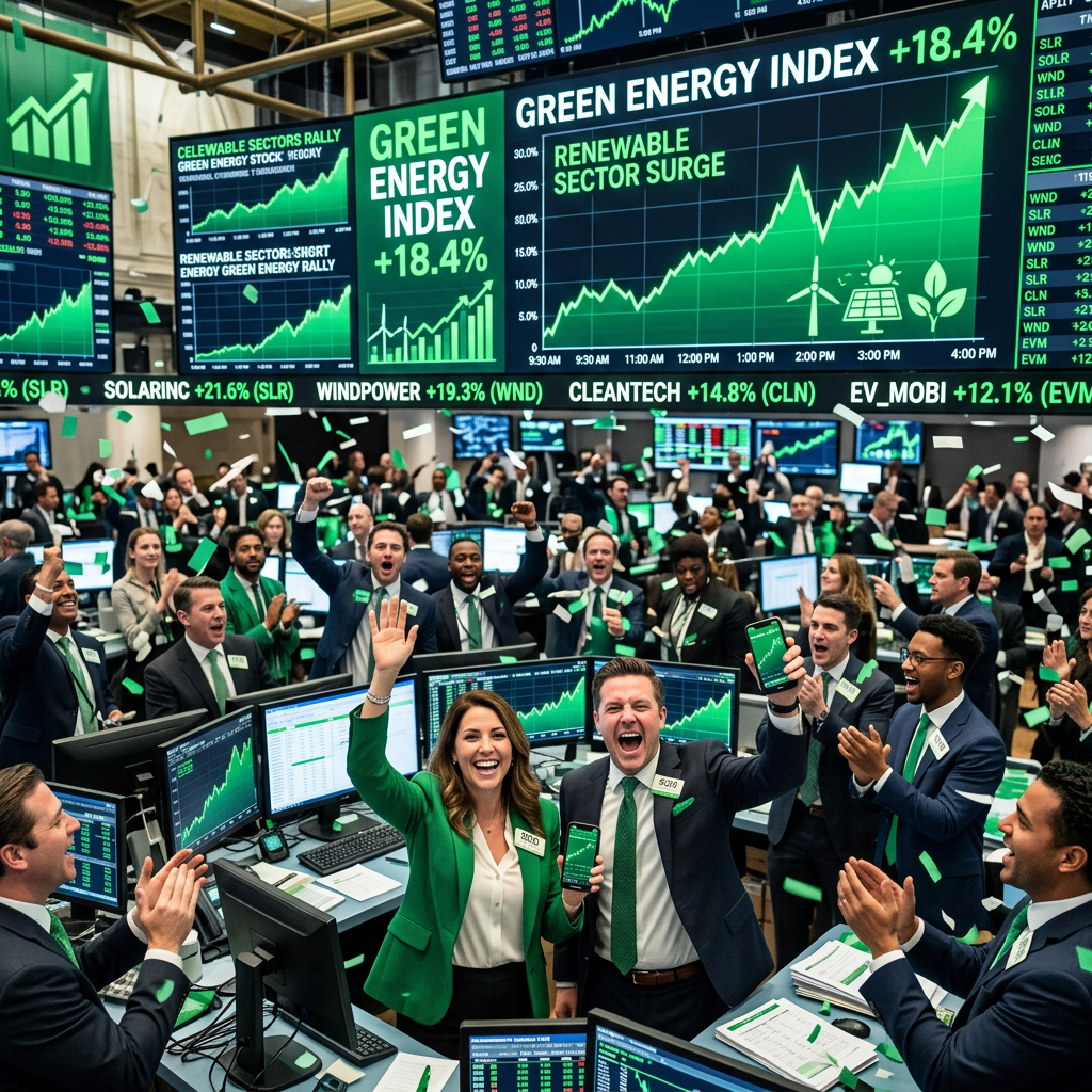 Abstract financial chart showing green energy trends against a stock exchange background