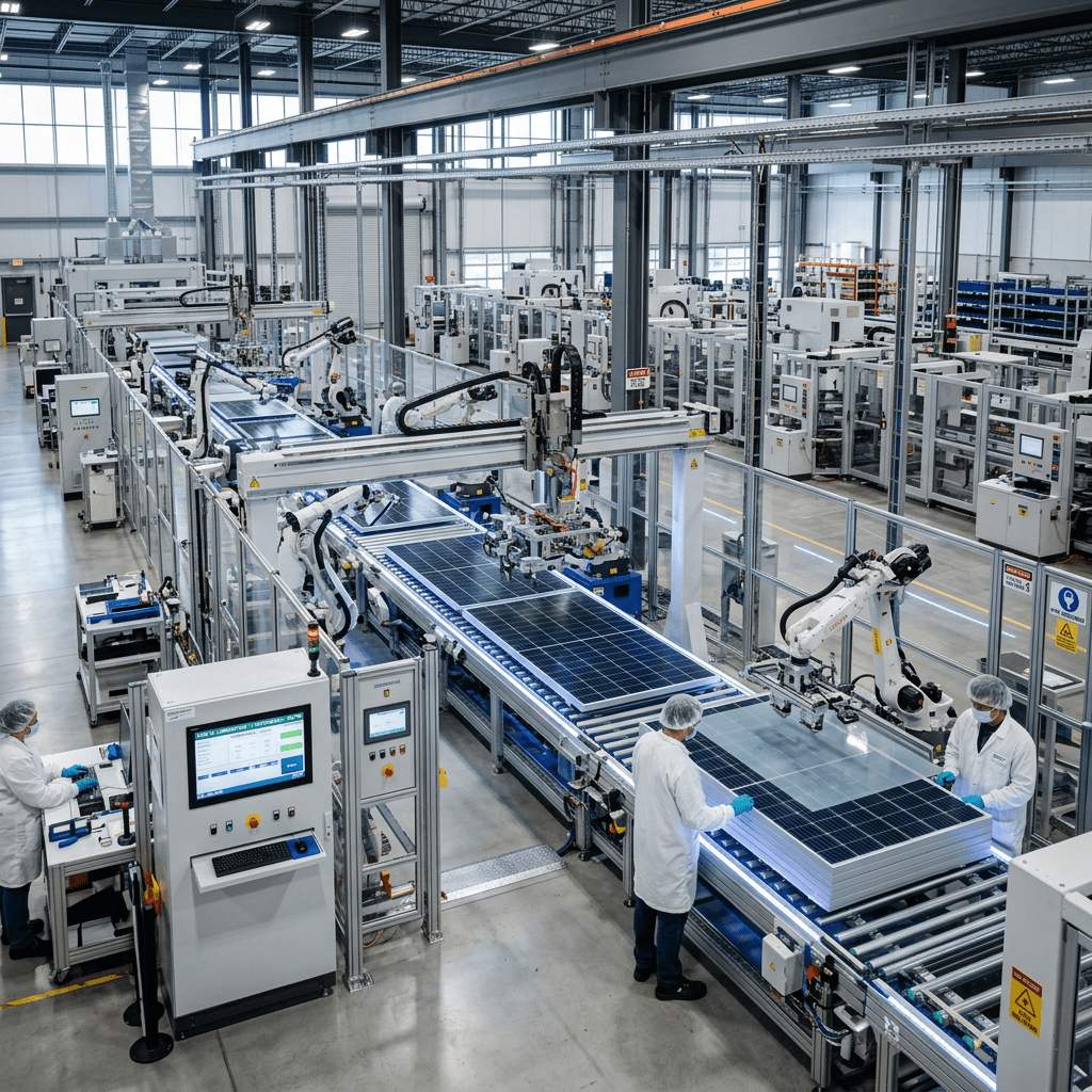 Automated robotic assembly line for large-format HJT solar modules in a cleanroom environment.