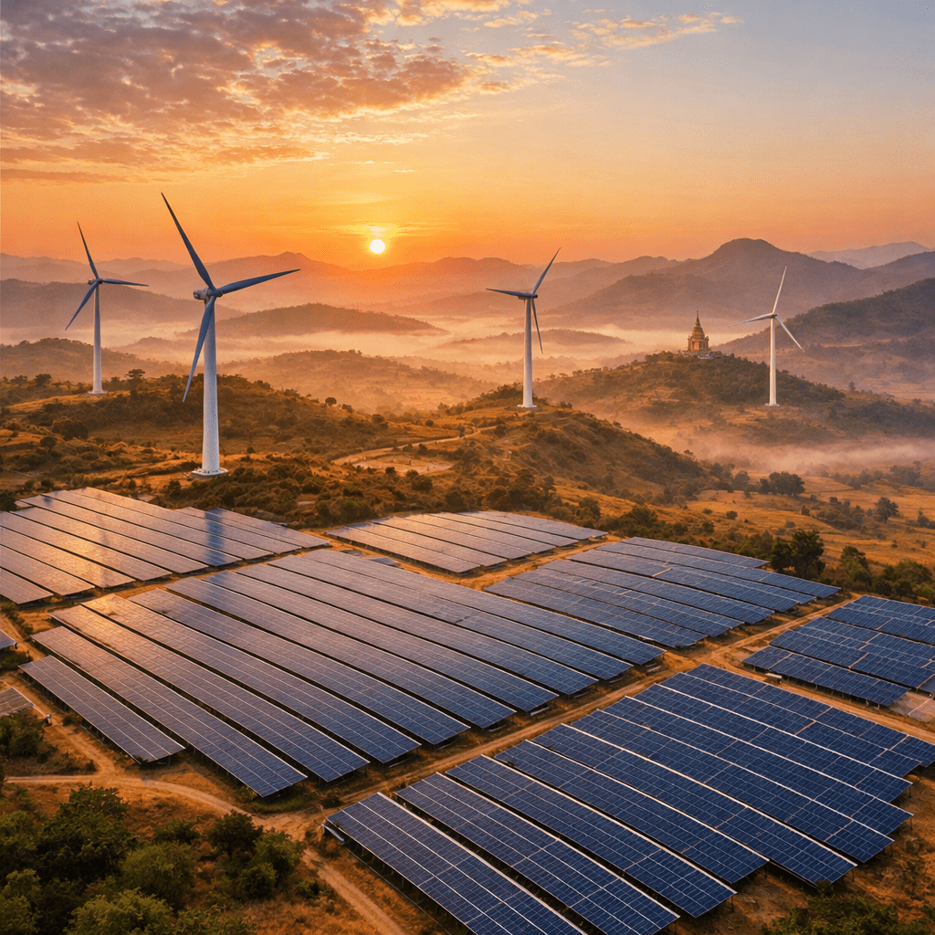 Solar panels and wind turbines on hilly landscape during sunrise
