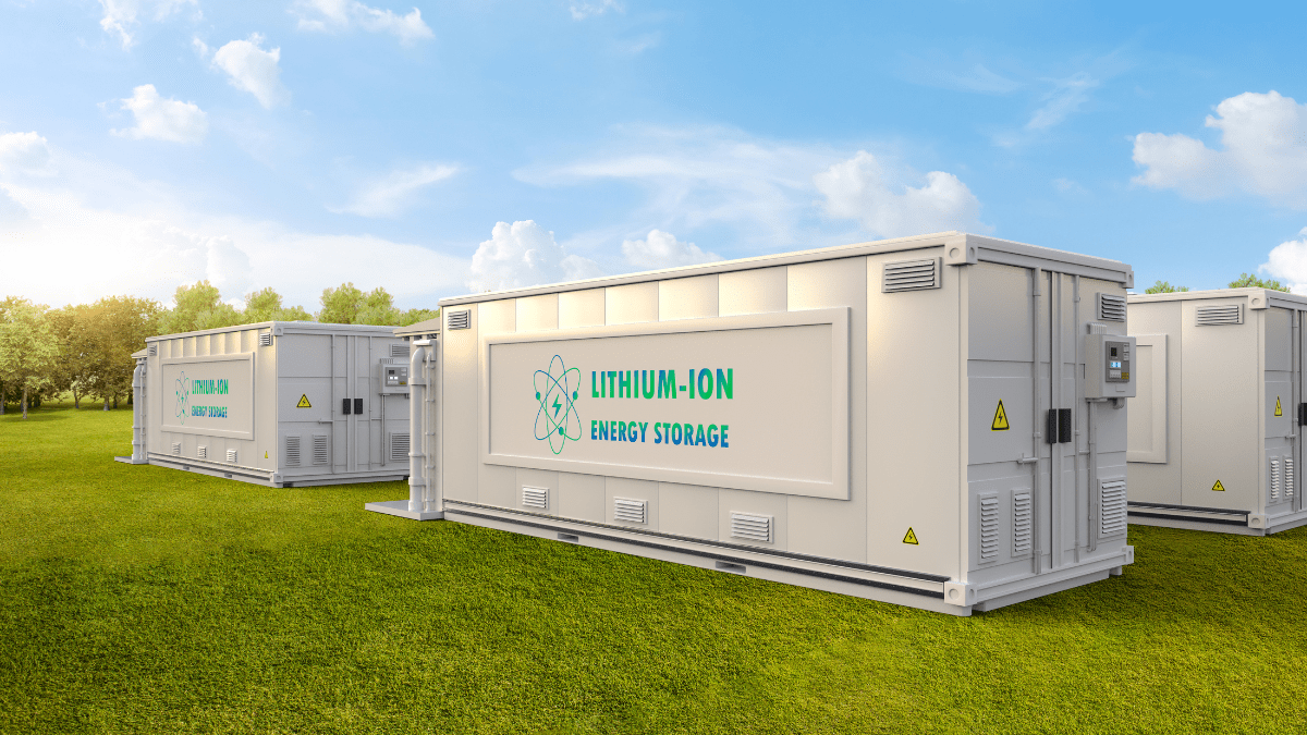 Large scale battery energy storage system containers at a utility site for data center power.