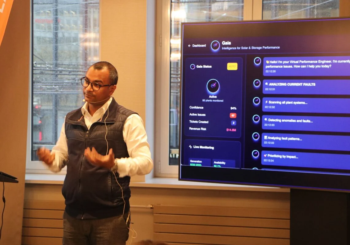 A digital interface showing AI-driven predictive maintenance for a large-scale solar and battery storage plant.