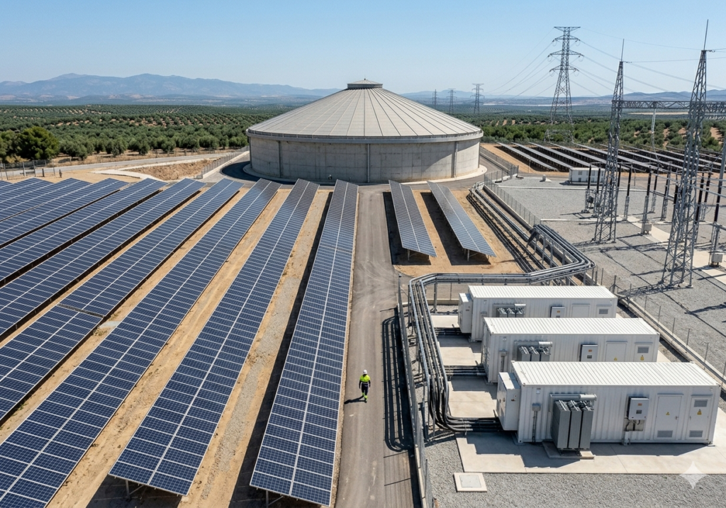 A municipal water reservoir site with rooftop solar panels and containerized battery storage units.