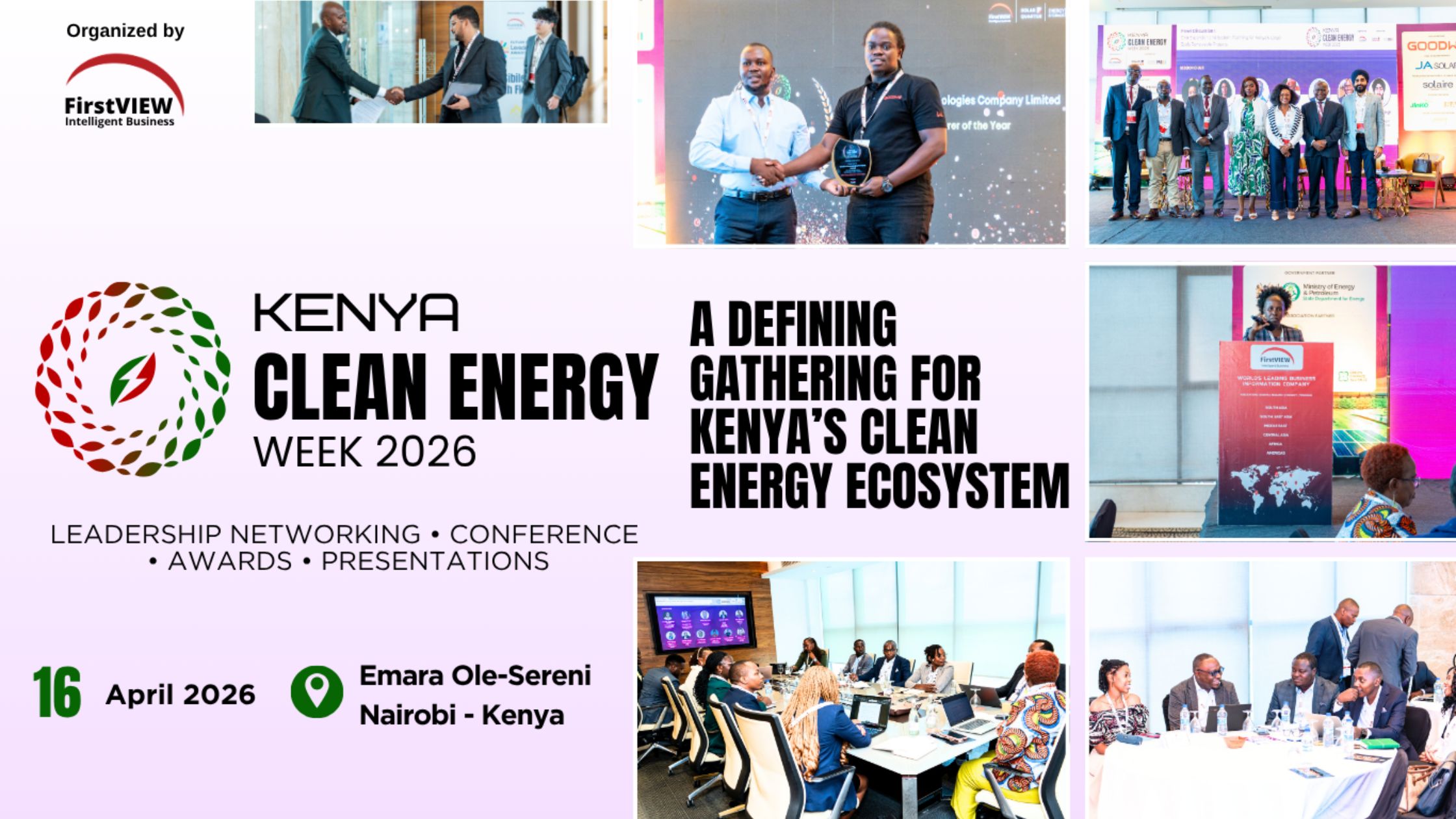 Abstract graphic representation of solar energy industry conference banners and generic renewable energy icons.