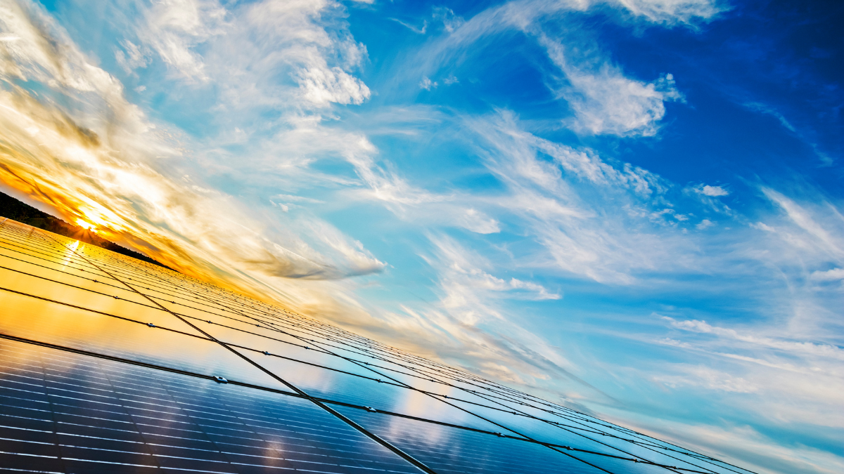 Aerial view of a utility-scale solar farm with thousands of blue PV panels in a grid.