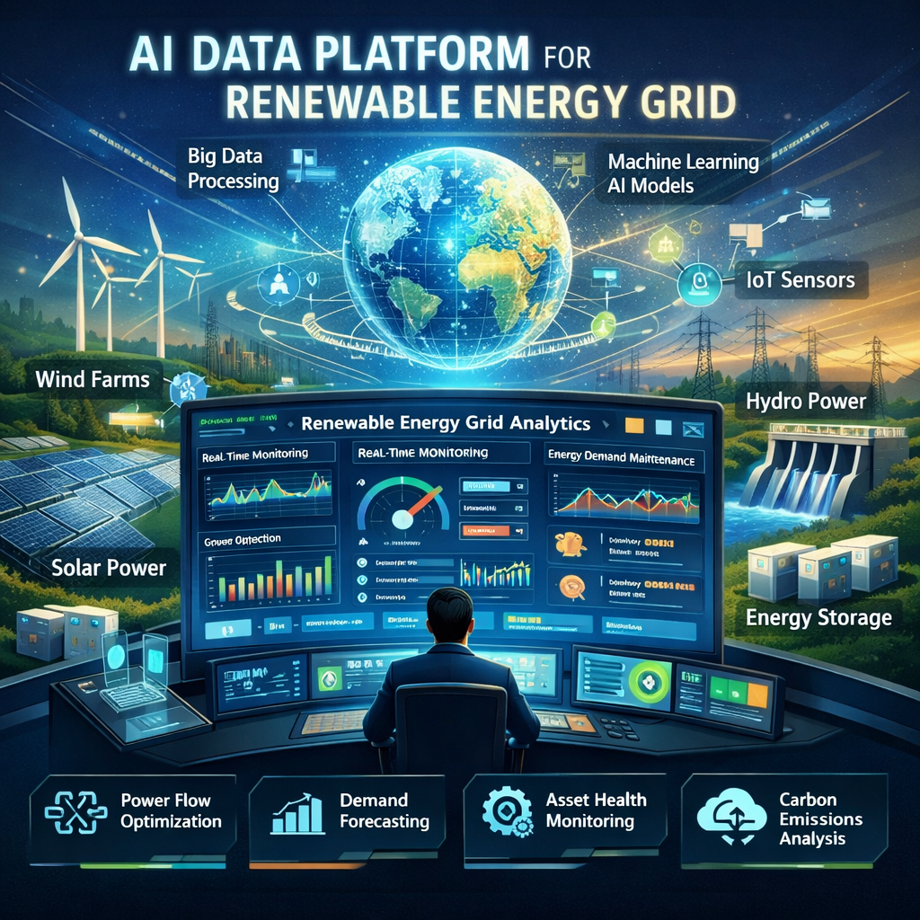 Digital dashboard visualizing renewable energy grid management with AI analytics and solar storage data