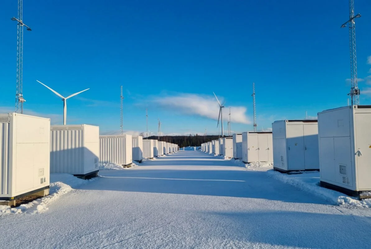 Large-scale battery energy storage system (BESS) installation site in a Nordic landscape