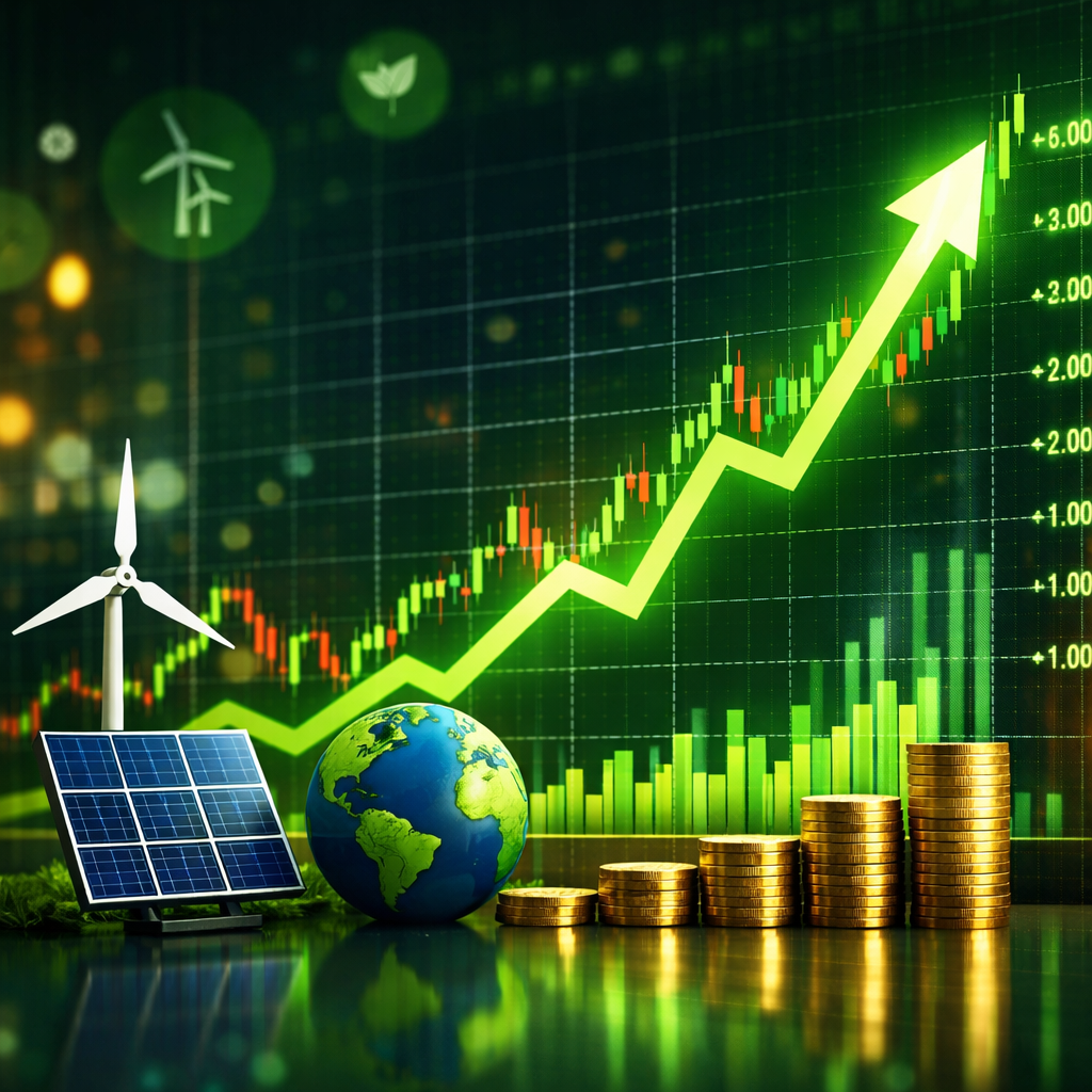 A conceptual image showing gold coins, a small Earth globe, and solar panels with an upward trending green stock market chart.
