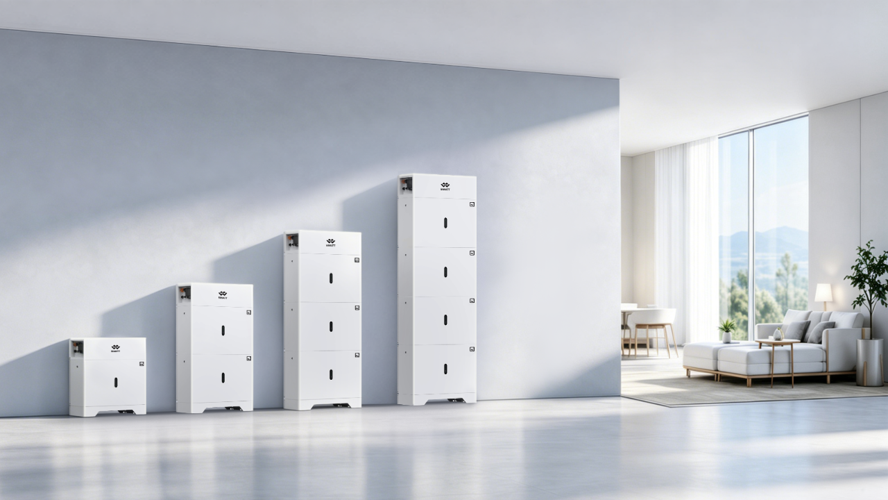 A stackable residential battery system with a modular design and no visible external cables.