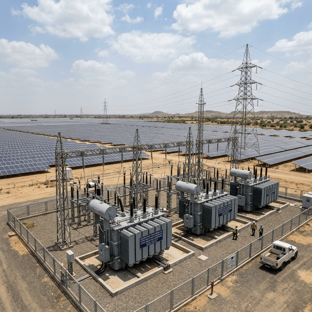 High-voltage electrical substation with large power transformers and transmission towers at a solar farm.
