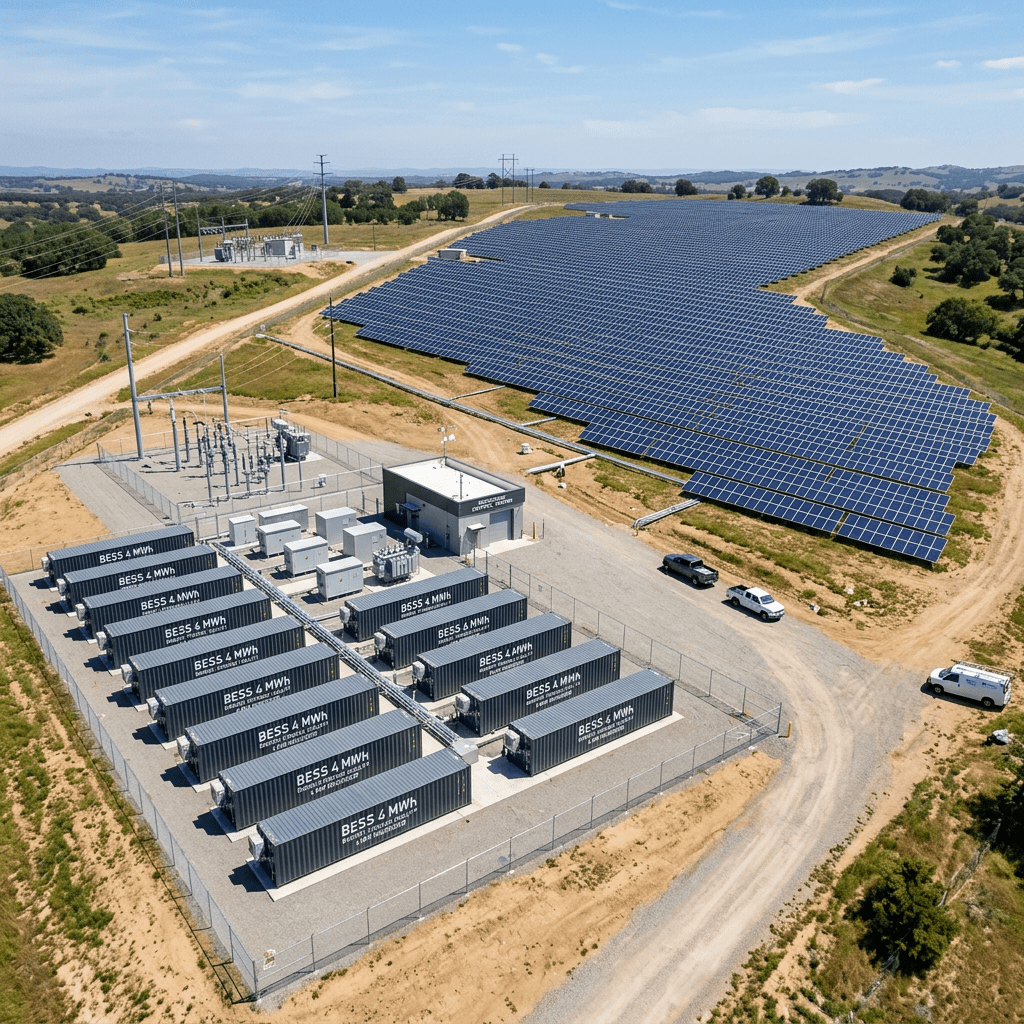 Aerial view of a solar farm with battery storage units in a rural landscape