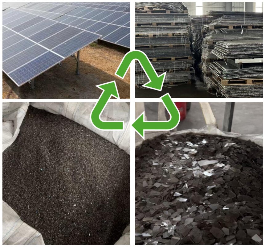 A high-tech automated facility stripping glass and silver from decommissioned silicon solar modules.