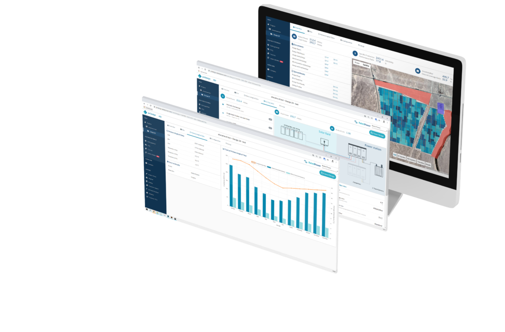 A laptop screen displaying a complex solar project layout with data analytics graphs and 3D modeling.